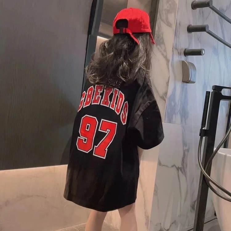 

Stylish Medium-length Summer Dress for Girls Loose-fit Casual T-shirt Skirt Short Sleeves Basketball Uniform Trendy 120