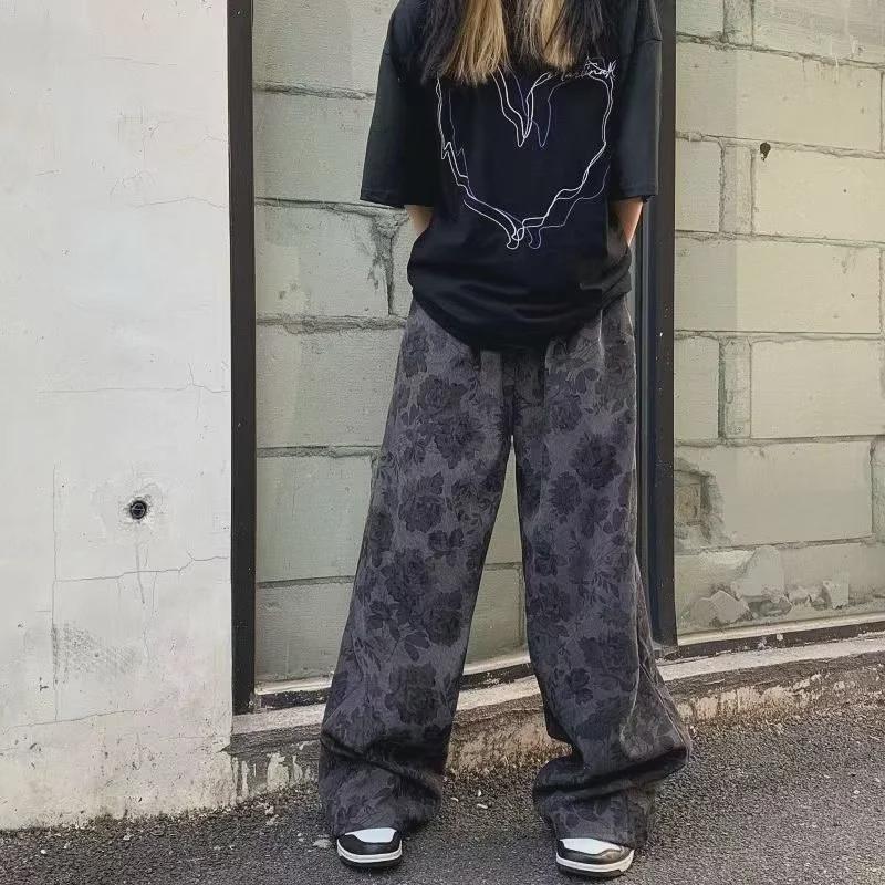 Men's Spring Retro Floral High-Waist Loose Straight Trousers - Trendy Slim Wide-Leg Pants