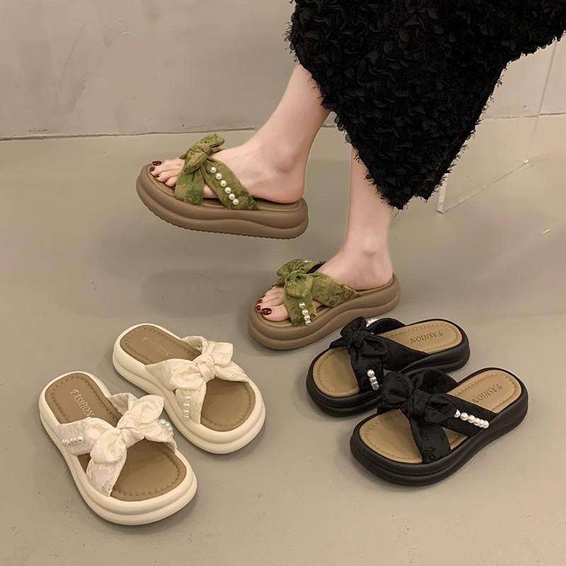 Bow Pearl Slippers Women's Summer New Outer Wear One-word Soft-bottom Sandals
