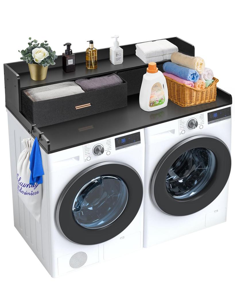 VEVOR Plan de travail pour lave-linge et sèche-linge avec 2 tiroirs et étagère à 2 niveaux, 54" x 27" Plan de travail en bois pour lave-linge et sèche-linge avec patins antidérapants