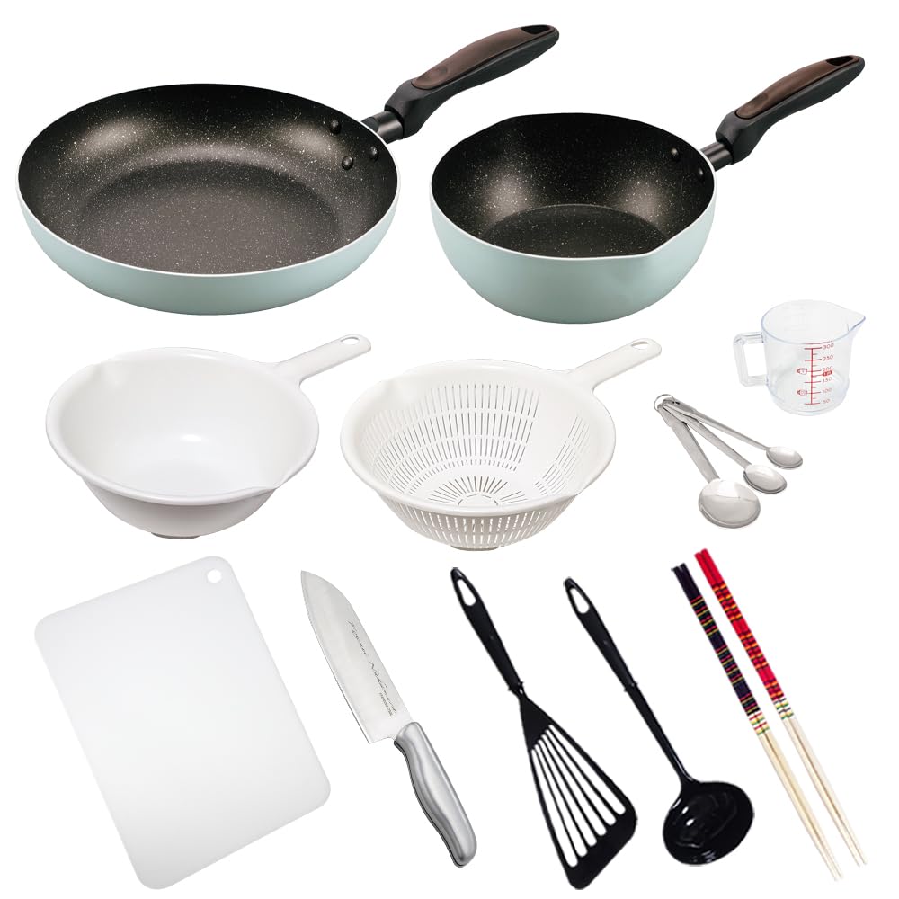 Cooking Utensils and Kitchenware Set for Single Person, 12 Pieces, IH Compatible, Mint Green