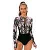 Women's Long Sleeve One-Piece Swimsuit with Floral Print Back Zipper - Nylon Mesh Swimwear for Beach Surf Fashionable Style