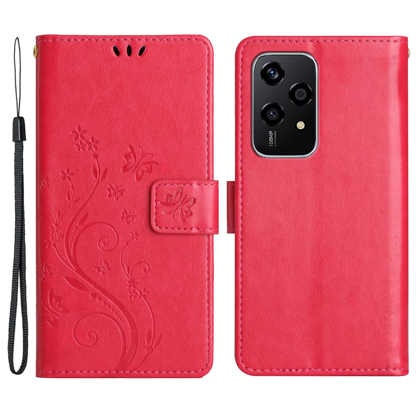 

For Honor 200 Lite Case Wallet Leather Phone Cover Butterfly Flower Pattern Red