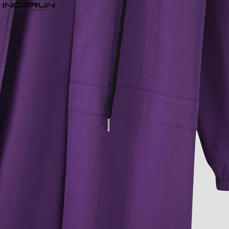 INCERUN Men Collarless Long Sleeve Open Front Long Hooded Cardigan Coats Windbreaker