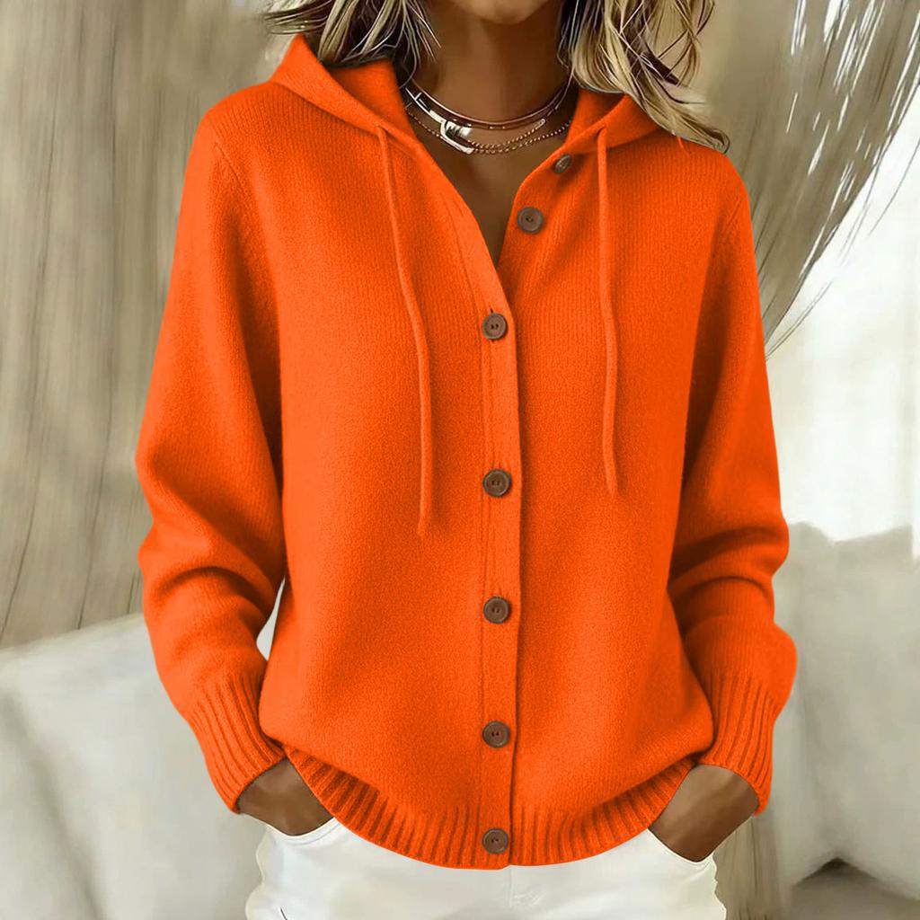 Women's Fashion Color Long Sleeve Button Front Hooded Knit Cardigan Casual Coat