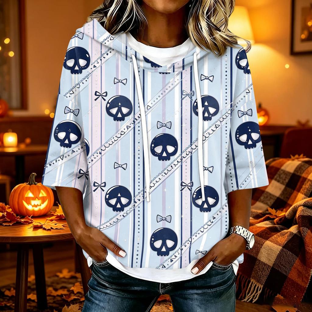 Women's Halloween Print Hooded Top, Loose Fit Casual 3/4 Sleeve Pullover Shirt