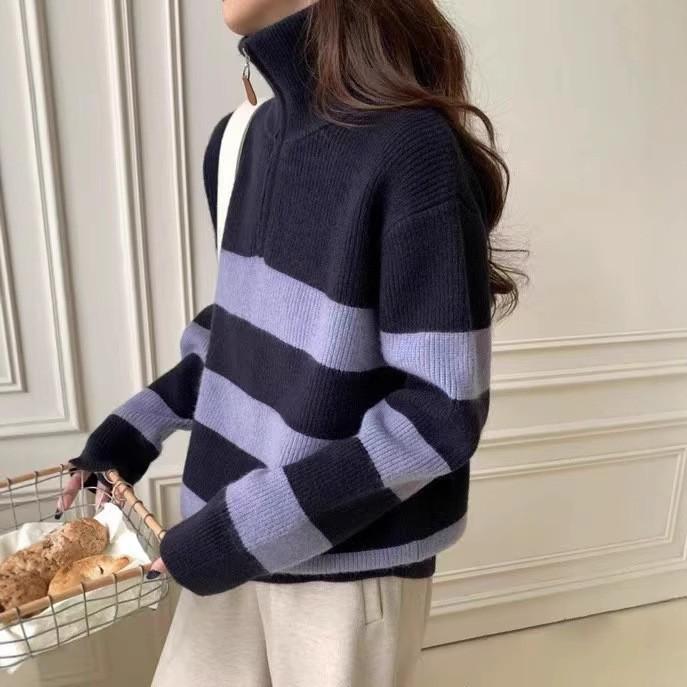 Pullover sweater women's autumn and winter zipper semi-open neck contrasting striped knitted sweater top