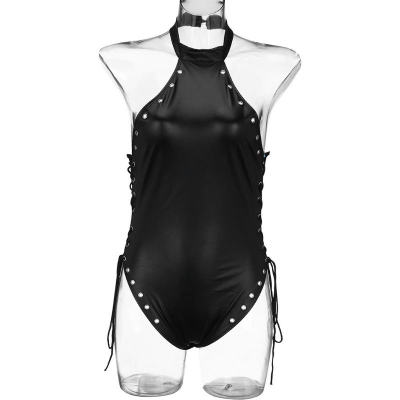 Sex Underwear Sexy Side Lace-Up Neck Backless Leather One-Piece Patent Leather Swimsuit