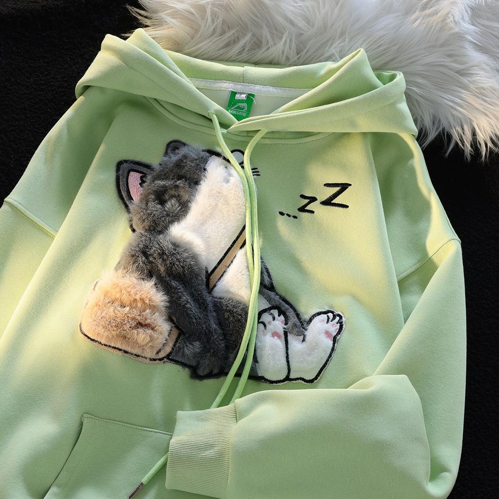 Japanese retro sleepy school ragdoll cat flocked hooded sweater men and women chic different couple coat
