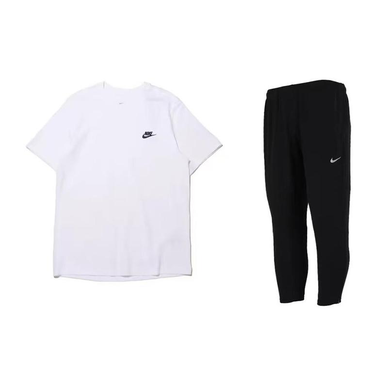 

Nike Логотип из букв, узор, пуловер с круглым вырезом, короткий рукав, универсальный, дышащий, длинные брюки, повседневный спортивный костюм, мужской спортивный костюм AR4999-101+DD5004-010 S