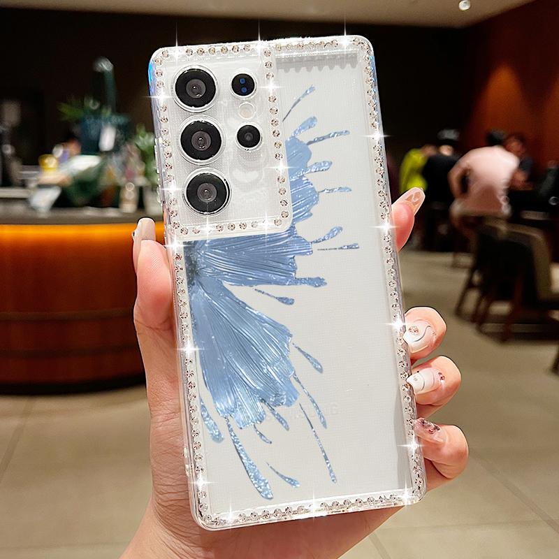 Diamond Frame Soft Silicone Shockproof Case For Samsung S25 Ultra S24 FE S23 S22 A16 A56 A36 A15 A55 A35 Butterfly Print Clear Phone Cover