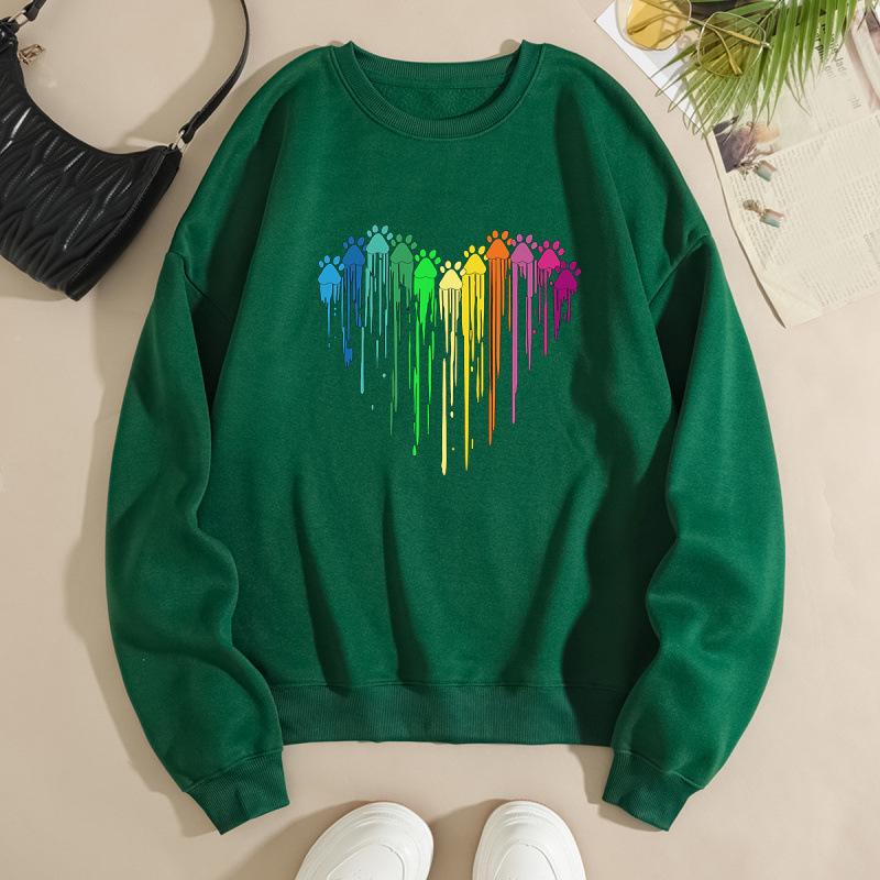 European and American Women's Colorful Heart Shape Loose Hoodie - Plus Velvet, Round Neck, Long Sleeve.