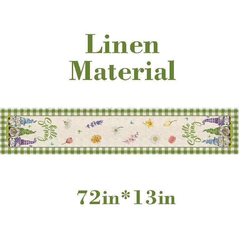 Hello Spring Gnomes Green Buffalo Plaid Table Runner 72 Inches Long, Gnome Decorations for Home, Burlap Spring Easter Floral Table Decor for Kitchen