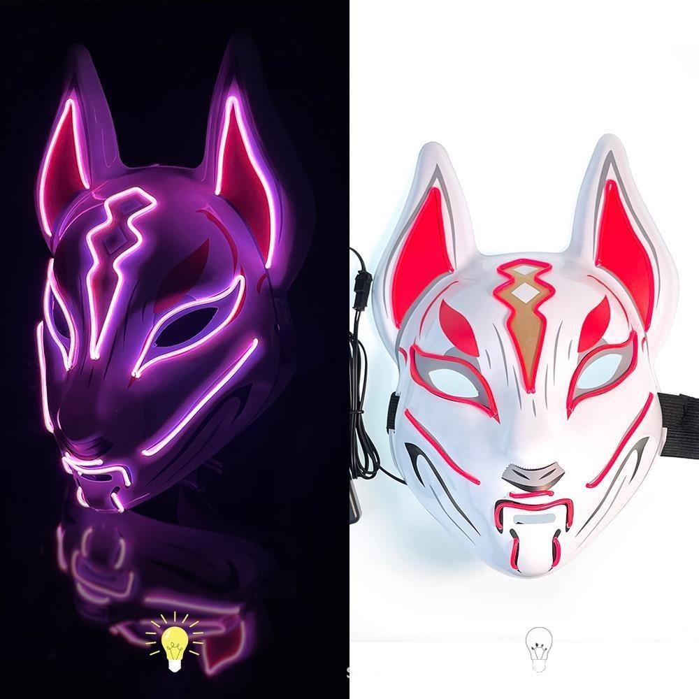 High Quality PVC Japanese Fox Mask Full Face Reusable Halloween Costume Mask Durable LED Neon Light Mask