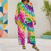Women Plus Size Round Neck Long Sleeve Colorful Printed Top Wide Leg Pants Two Piece Set