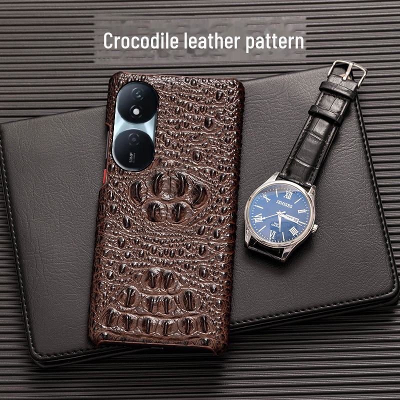 Cowhide crocodile pattern half-covered leather protective cover for Honor Play 50 Plus.
