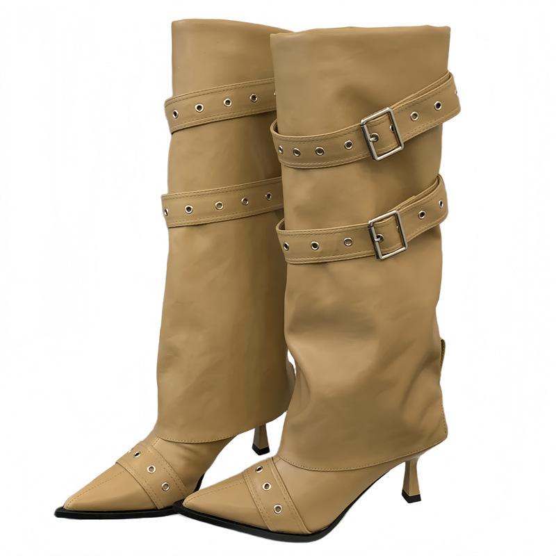 Rich and noble with pointed boots, Spice Girl style design, belt buckle, high-heeled boots, thin and versatile high trouser boots