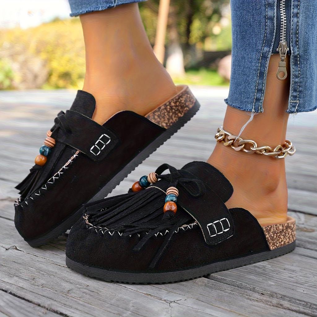 Women's Vintage Tassel Birkenstock Slides - Round Toe Slip-On Mules with Thick Soft Sole for Summer