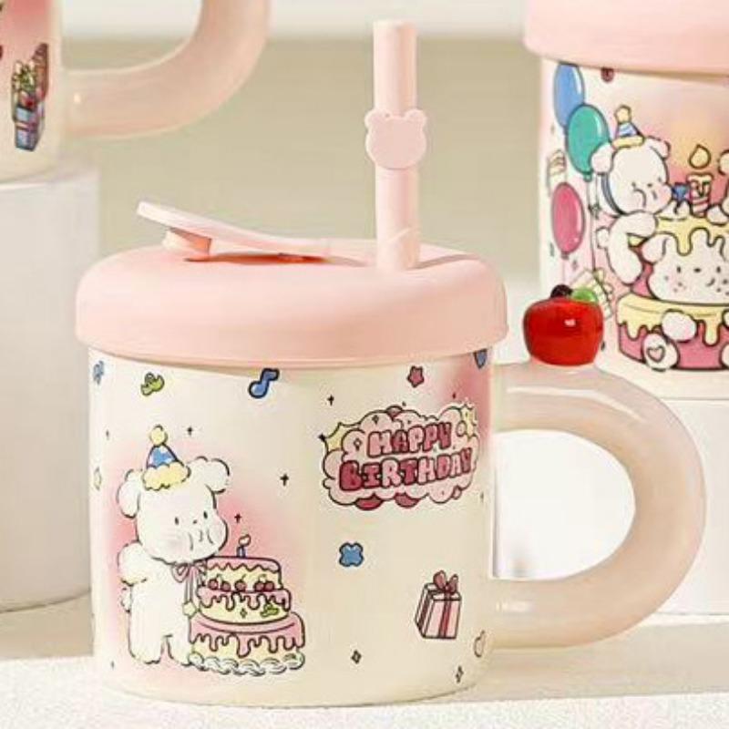 Summer Straw Cup Cute Cat Mug Water Cup with Lid Ceramic Cup Girl Couple Birthday Gift Souvenir