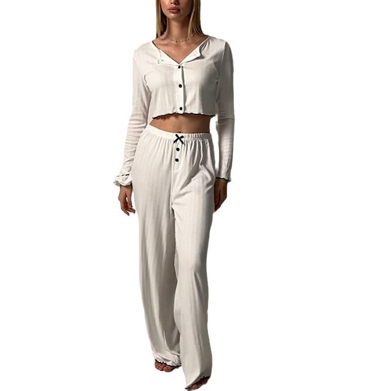 European and American fashion knitted lapel two-piece set autumn, exquisite pajama set women's sexy and thin loungewear
