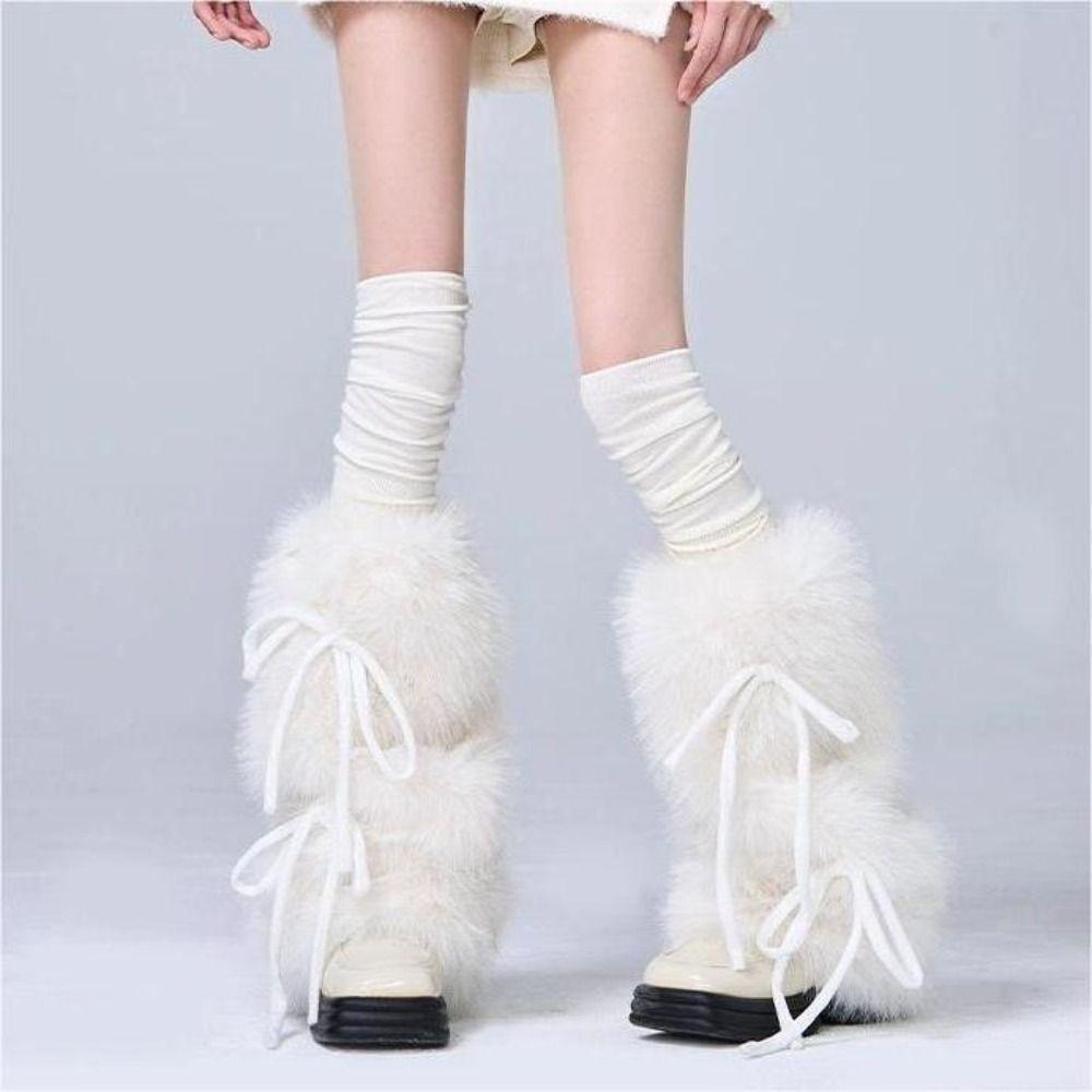 Fuzzy Plush Boot Cuffs Bowknot Ribbon Plush Stockings JK Boot Cover Sweet Harajuku Style