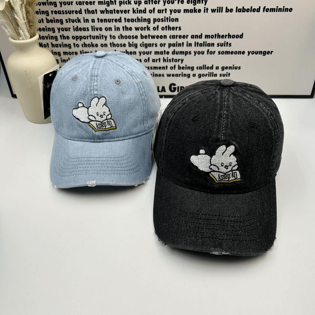 Cute Cartoon Rabbit Baseball Cap Men and Women Washed Denim Couple Soft Top Big Head Curved Brim Cap Men