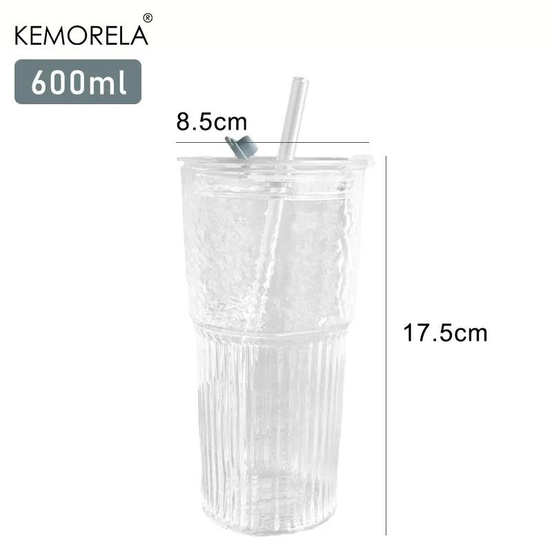 600ml Striped Glass Cup with Lid & Straw – Transparent Drinking Glass for Juice, Iced Coffee & Water, Outdoor Drinkware 600ml
