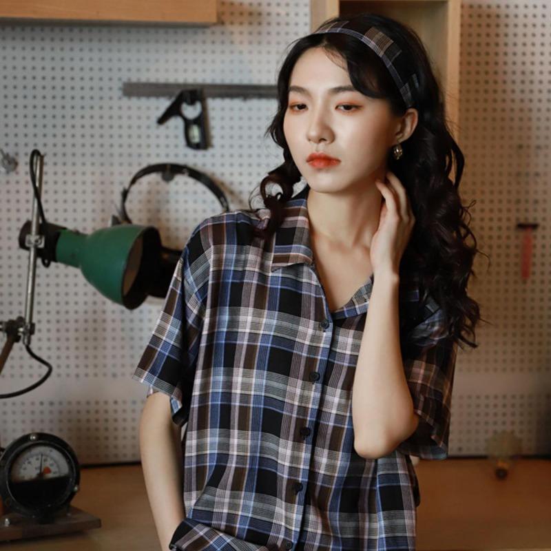 Short Sleeved Checkered Shirts for Women Summer Retro Versatile New Tops Loose Single Breasted Lapel Female's Blouses