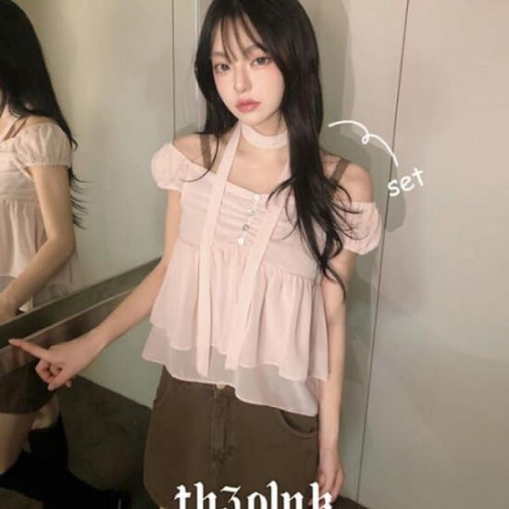 The Pink Women S Chiffon Shirring Short Sleeve blouSe + Tie Muffler