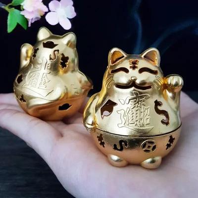 Lyckokatt Rökelsehållare Gyllene Feng Shui Lycka Hem-/Kontorsdekor Med Välståndssymboler Meditationstillbehör