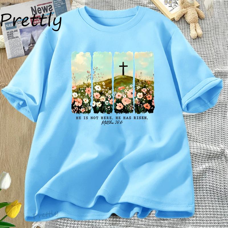 Er ist auferstanden Wildblumen-Print T-Shirt Frühling Ostern Designs T-Shirt Damen Trendy Ostern Christlich Jesus T-Shirt Damenbekleidung