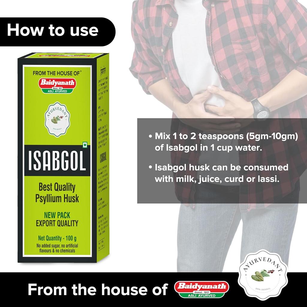 Baidyanath Ayurvedant Isabgol Psyllium Husk Powder 100 Gm Pack of 1 High-Fiber Supplement for Smooth Digestion