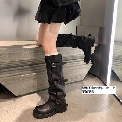 Rindslederversion Gürtelschnalle Martin Stiefel Damen Ritter Lederstiefel dicksohlige Ödlandwindstiefel Western Cowboystiefel