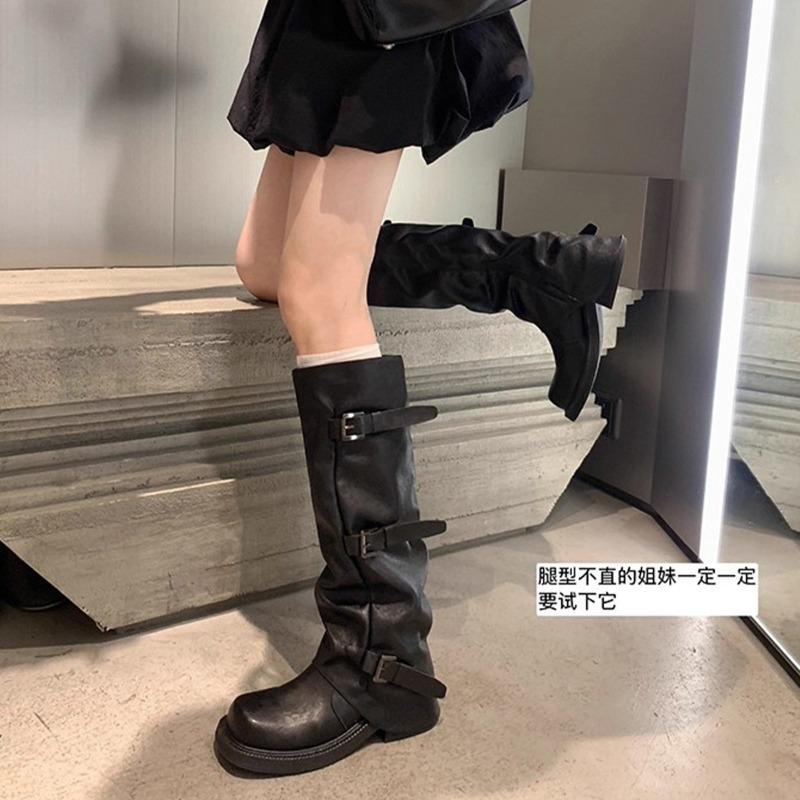 Cowhide version belt buckle Martin boots female knight leather boots thick-soled wasteland wind boots western cowboy boots