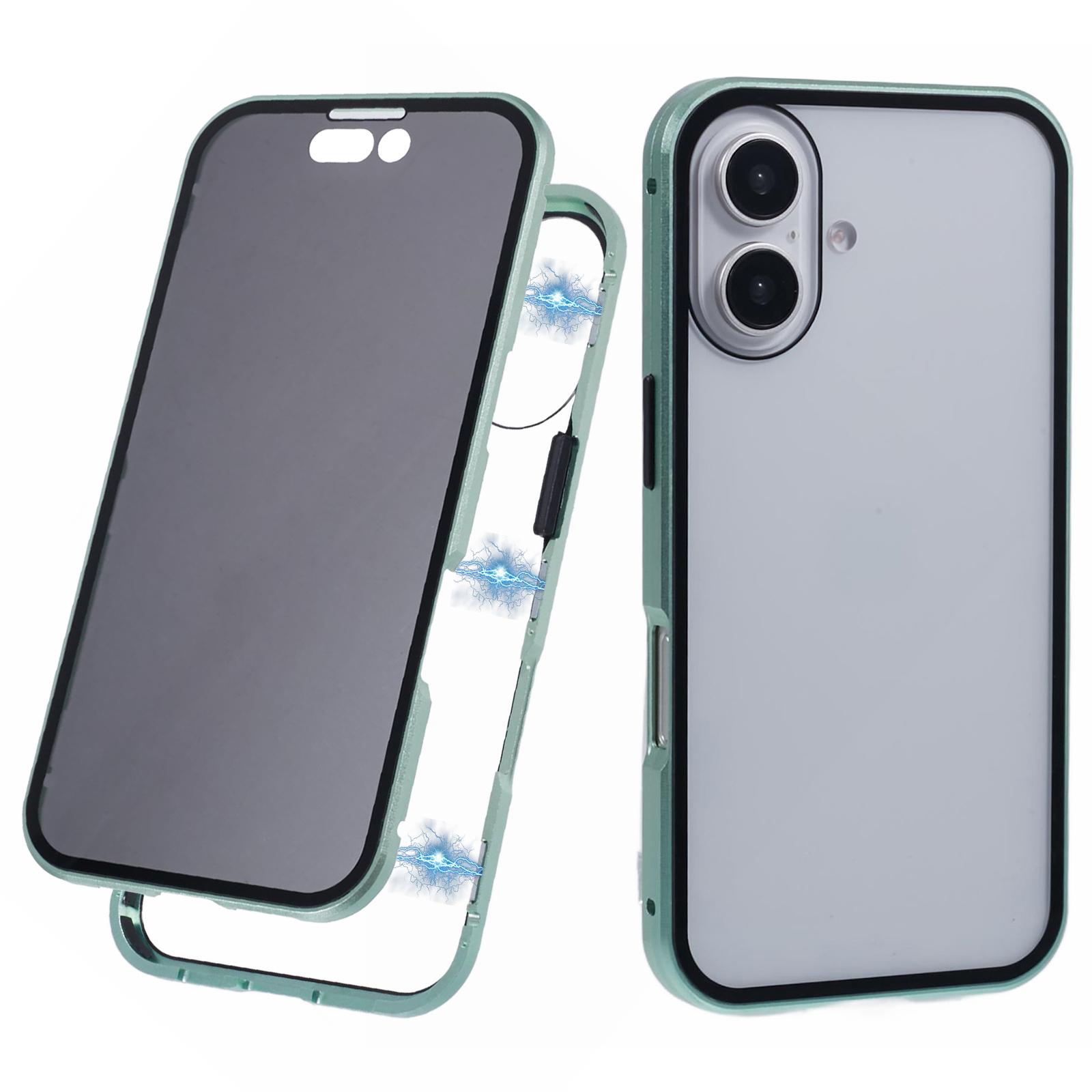 

For iPhone 16 Plus Anti-Spy Case Magnetic Metal Frame+Double-Sided Tempered Glass Phone Cover Green