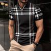 Men Summer Shirt Lapel Zipper Color Matching Plaid Striped Print Slim Fit Short Sleeve Pullover Mid Length Soft Breathable Men Business Top