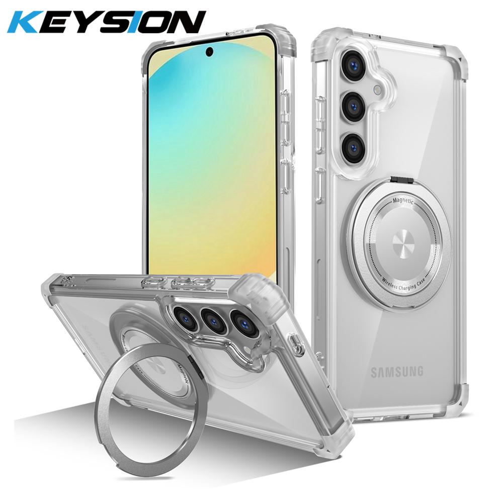 

KEYSION Прозрачный чехол для MagSafe для Samsung Galaxy S24 FE 5G 360° Магнитная подставка-кольцо Беспроводная зарядка Прозрачная накладка на телефон for Galaxy S24 FE чистый