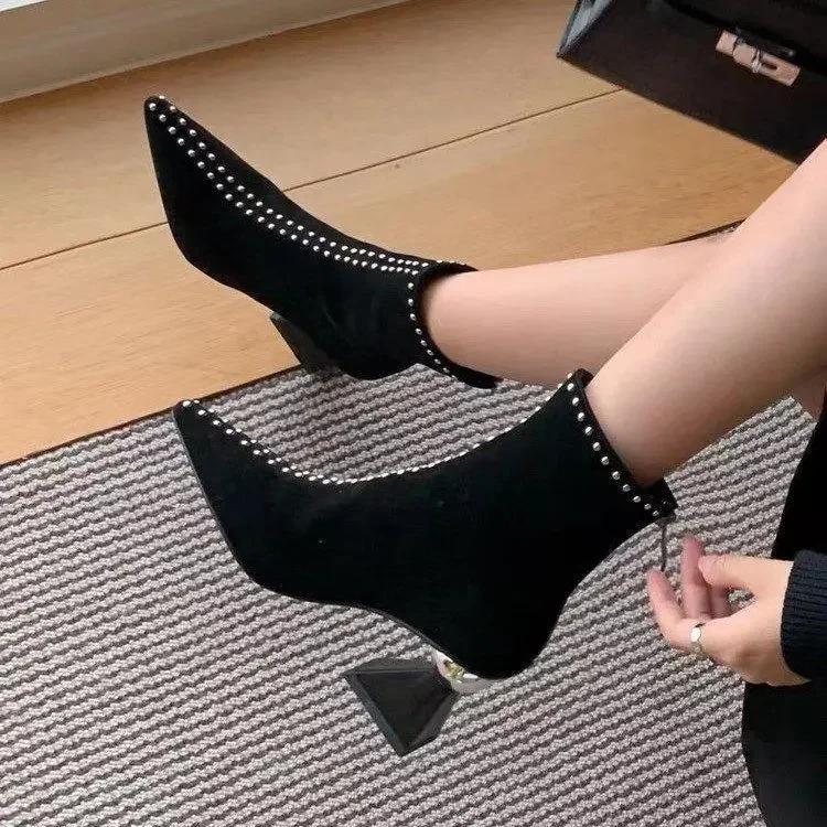 

Женские ботильоны 2024 года, неглубокие, весна, осень, зима, острый носок, дизайнерские женские, короткие, с молнией сзади, сексуальные, замшевые, на высоком каблуке, для мам 35 чёрный