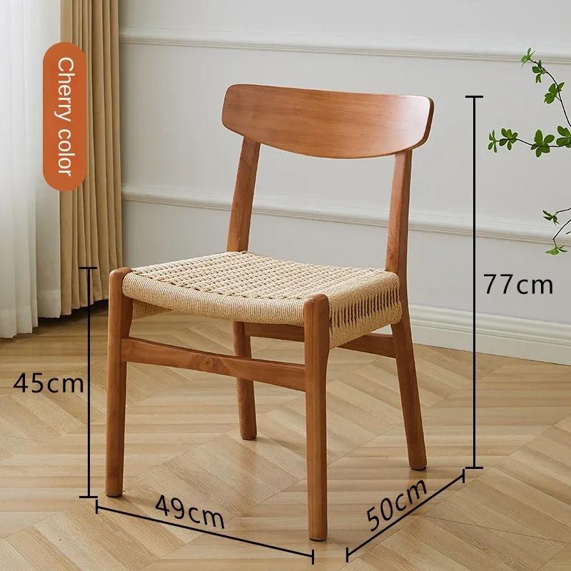 Retro Solid Wood Rope Dining Chair Modern Minimalist Home Woven Makeup Stool Nordic Rattan Back Chair Living Room Furniture 2025