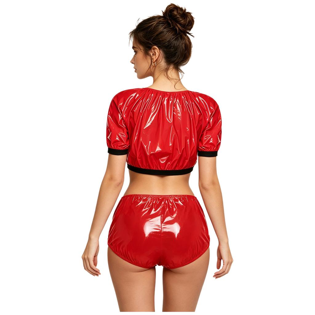 Damen Wasserdicht Vinyl Crop Top Kurzarm Klettverschluss Seiten Windelüberzug Shorts Anpassbares Badeanzug Set