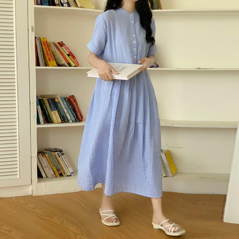 

Japanese and Korean Summer New Arrival Sweet Student Stand Collar Single Breasted Plaid Loose Mid Length Long Length Short Sleeve Dress Dress Blue and White Gingham M