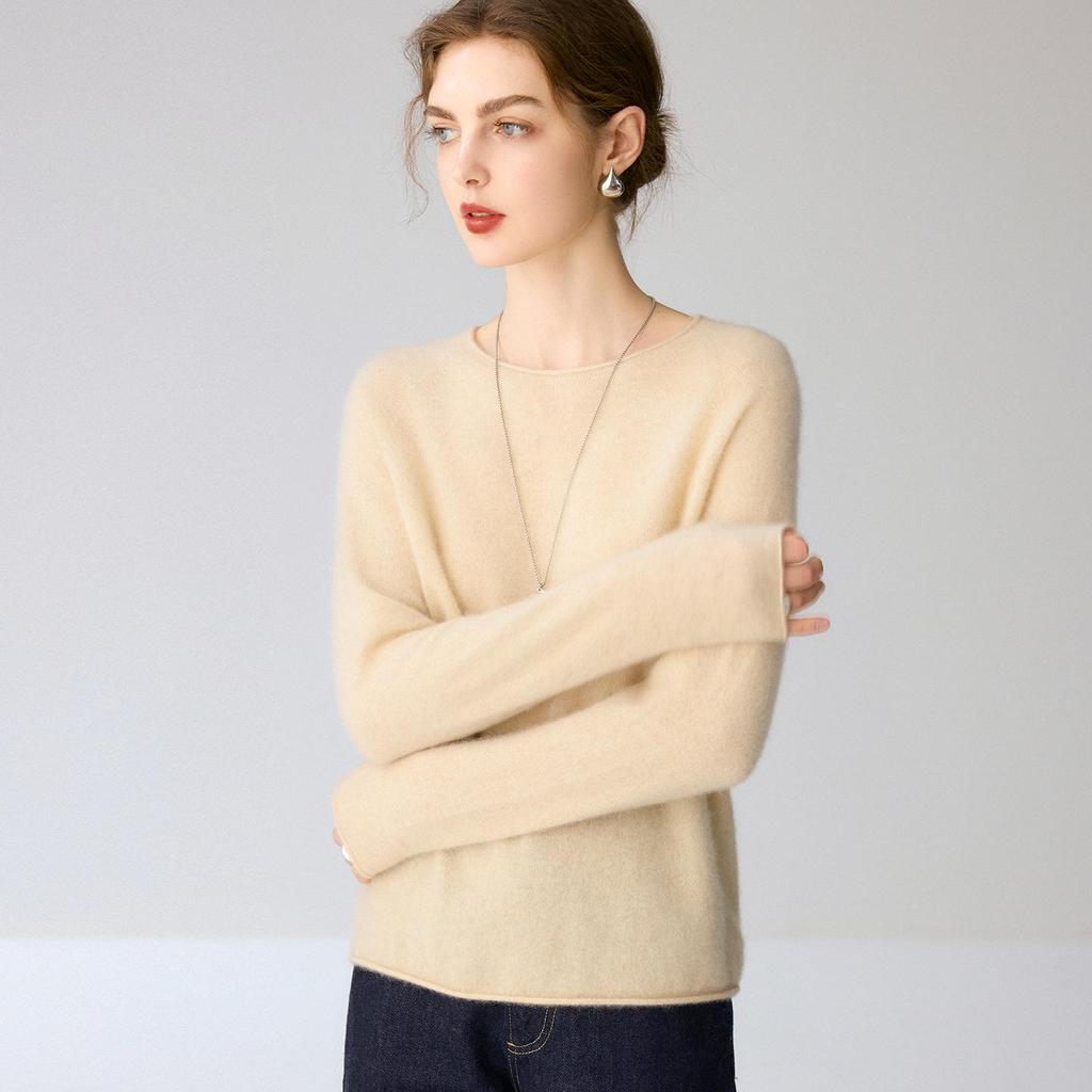 Women's 100% Cashmere Round Neck Sweater - Autumn/Winter Loose Solid Color Knit Pullover