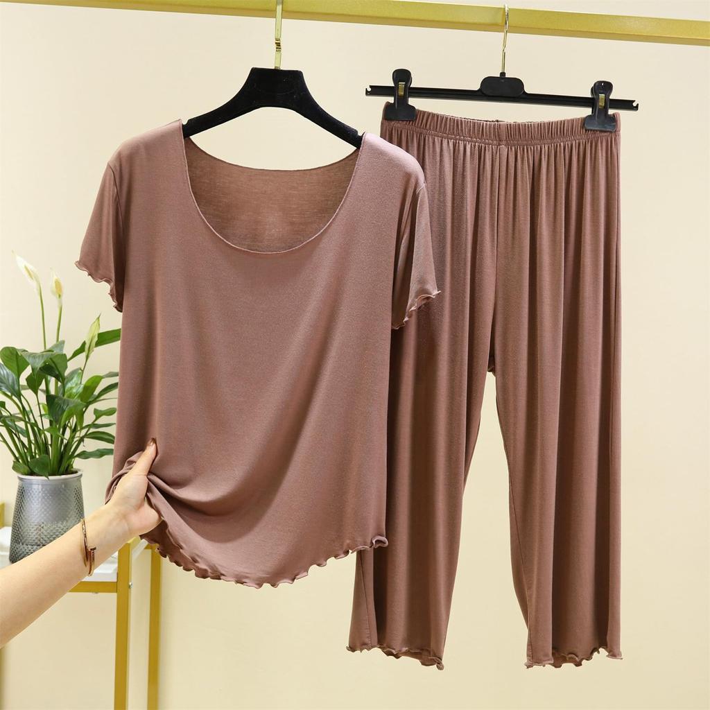 Modă Femei Culoare Solidă Pijamale de Casă Mânecă Scurtă Pantaloni Șapte Set Margine Ureche Lemn