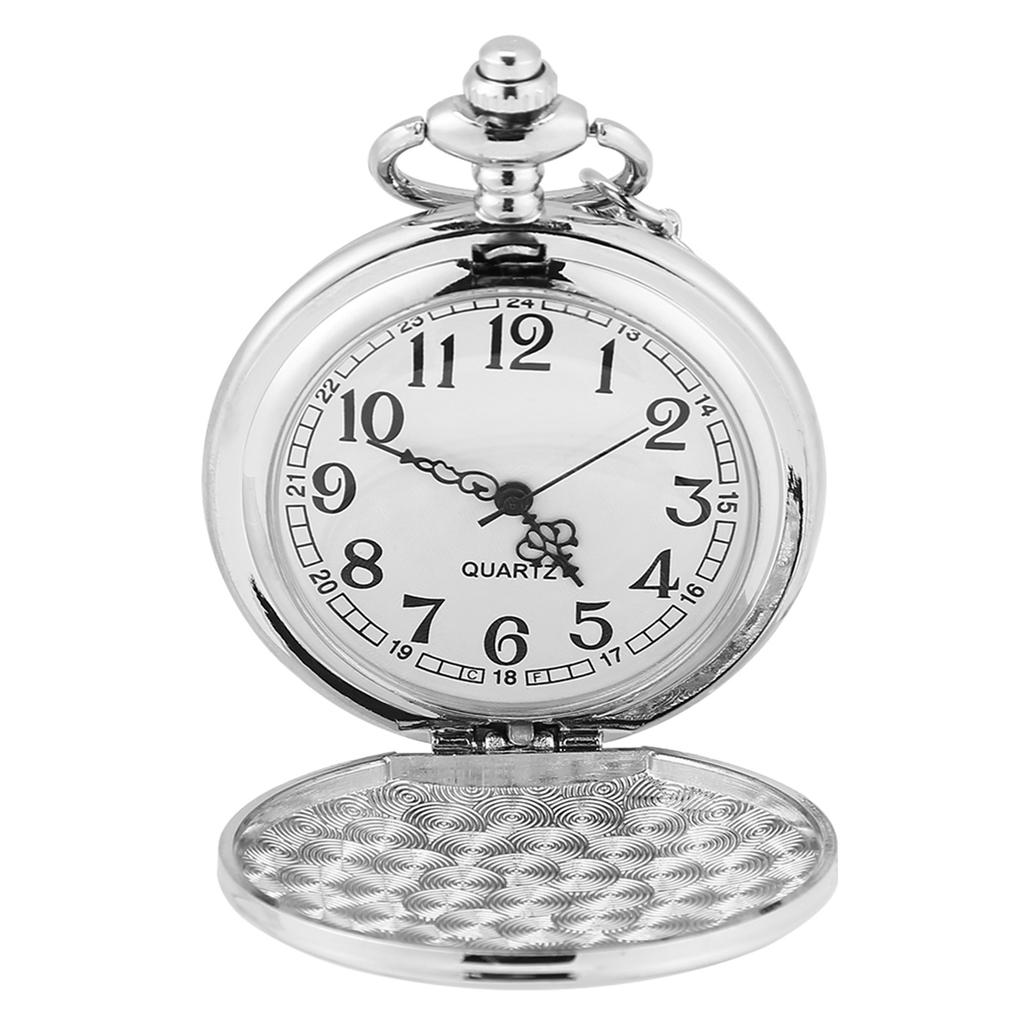 Classical Quartz Analog Smooth Pocket Watch Necklace Pendant with Chain Silver