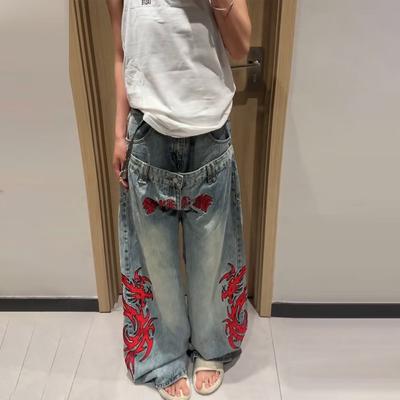 Damen lockere gerade geschnittene Jeans mit Vintage-Stickerei, mittlere Leibhöhe, lässige Baumwoll-Jeanshose