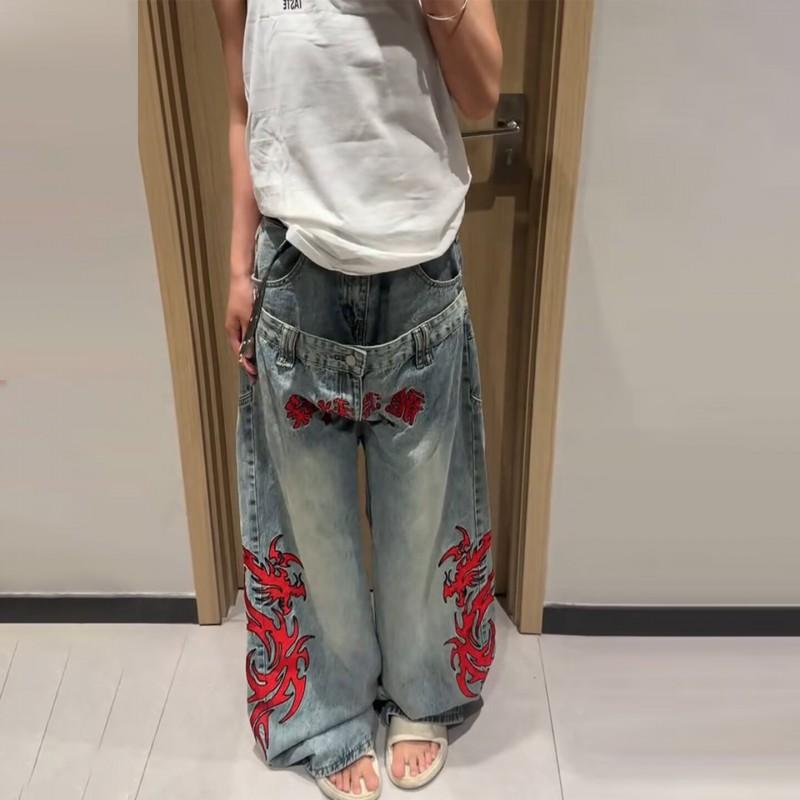 Damskie jeansy z prostą nogawką, luźny krój, vintage, haftowany wzór, średni stan, casualowe, bawełniane spodnie jeansowe