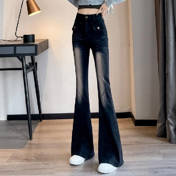 

Выстиранные джинсы клеш с высокой посадкой для женщин, новинка осени, облегающие и стройнящие брюки клеш 2XL