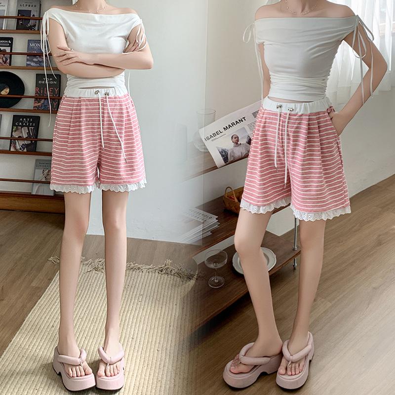 2026 New Style Striped Maternity Shorts with Lace Trim for Petite Women – Casual Wide-Leg Summer Pants Without Belly Support