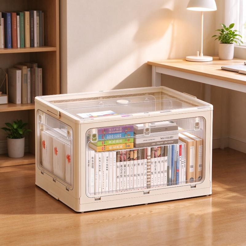 1Pcs Thickened Plastic Folding Collapsible Storage Bin Living Box Storage Box With Front Open Door Stackable Organizer For Book