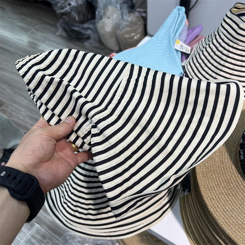 Striped big eaves bucket hat women's new front long rear short sunscreen hat foldable versatile casual show small face